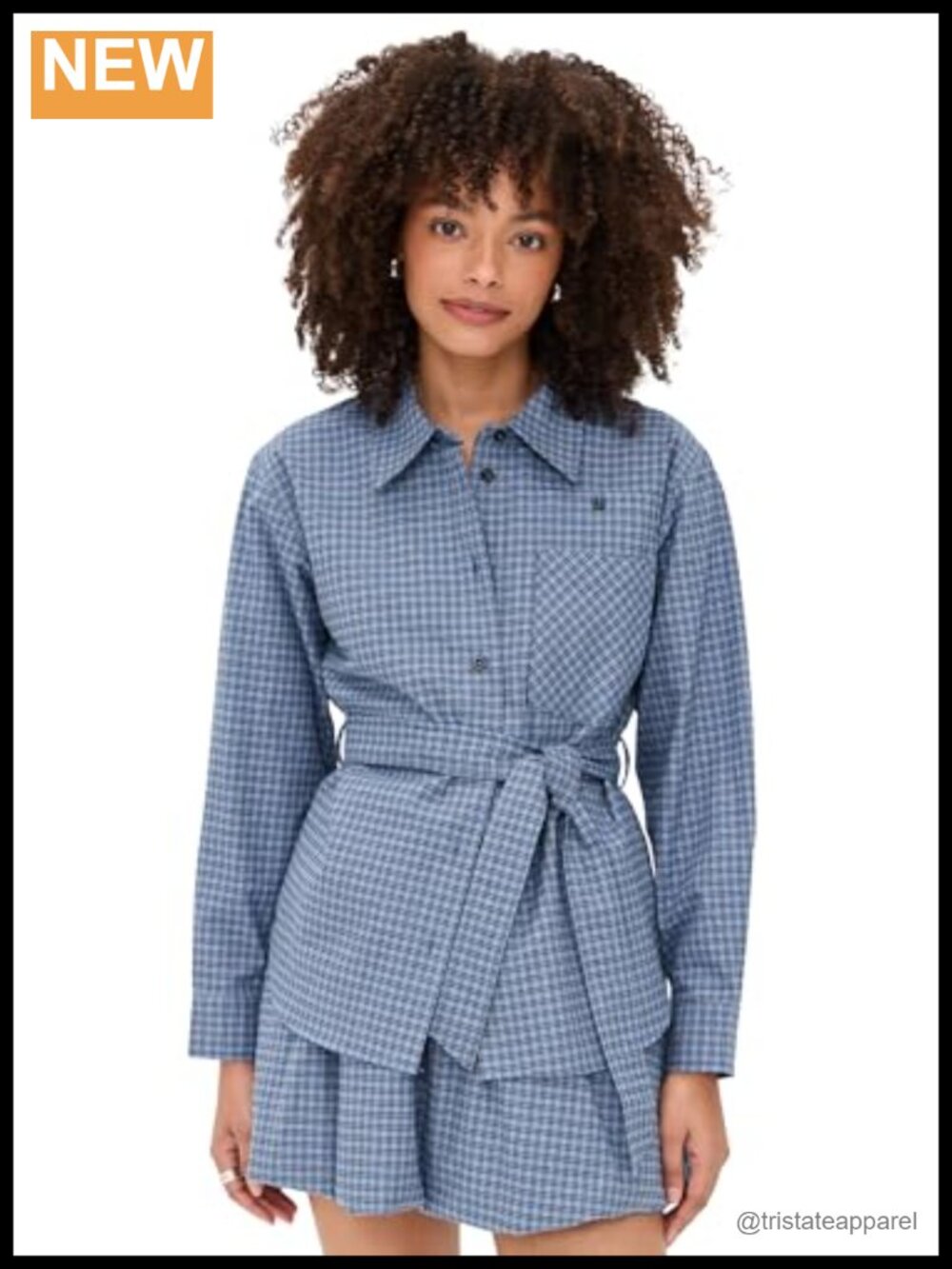 Button-Down Flannel Blouse with Tie Waist